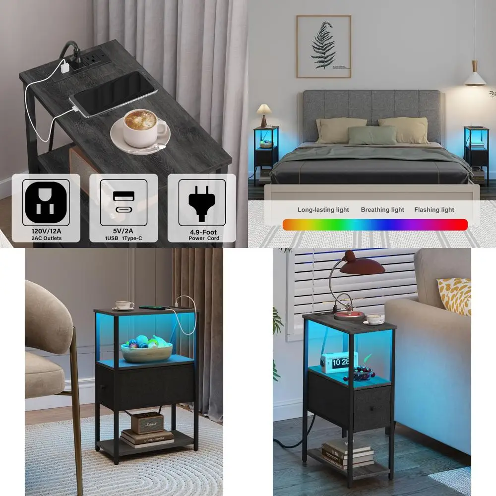 

Charging Station Nightstand Set, 2-Piece LED End Tables with Outlets, Grey Cloth Drawers, Ideal for Living Room and Bedroom TB01
