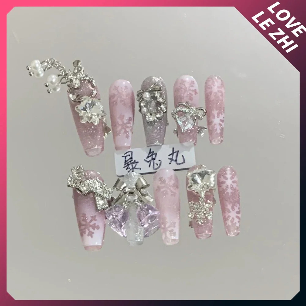 Spicy Girl Sanrio Hello Kitty Kuromi Long Coffin Party Nails Sticker Y2K Glitter Rhinestone Metal Chain Lace Bow Press On Nails