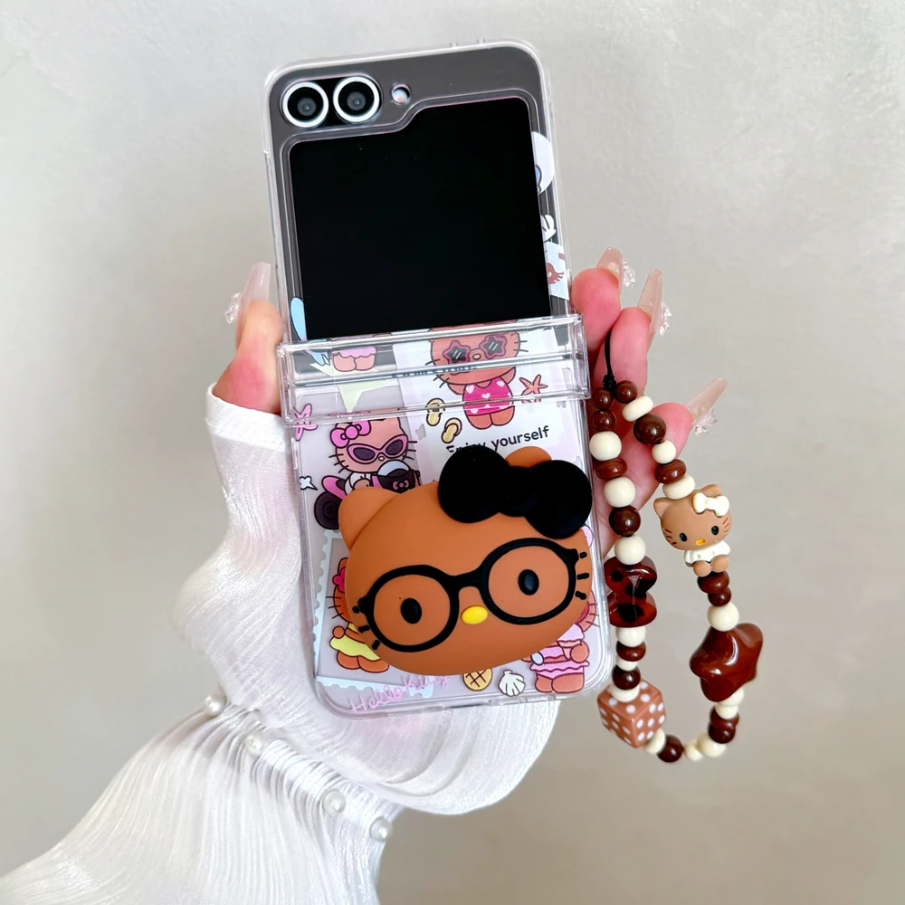 Милый мультяшный чехол Sanrio Hello Kitty с подставкой для телефона Samsung Galaxy Z Flip 6 5 4 3, прозрачный мягкий чехол из ТПУ со шнурком