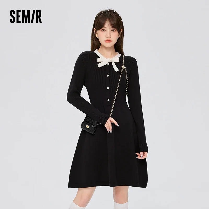 

Semir Dress Women Bow Contrasted Color Bottoming Dress Elegant 2023 Winter Temperament Slim Knitted Dress