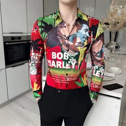 2025 Mens Vintage Bob Marley Print Long Sleeve Shirt New Fashion Hawaiian Slim Fit Shirts Casual Luxury Shirts Men Chemise Homme