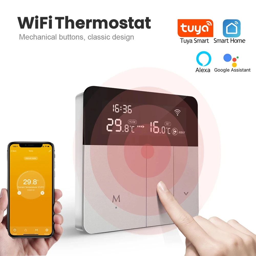 Tuya WiFi Smart Thermostat Temperature Controller LCD Touch Screen Electric Floor Heating Water 100-240V Remote Control