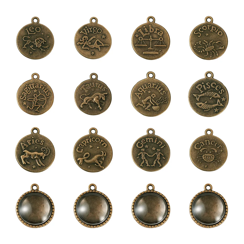 1set Tray: 20mm 12 Constellations Pendant Making Kits Pendants Settings Half Round Transparent Glass Cabochons Jewelry Making