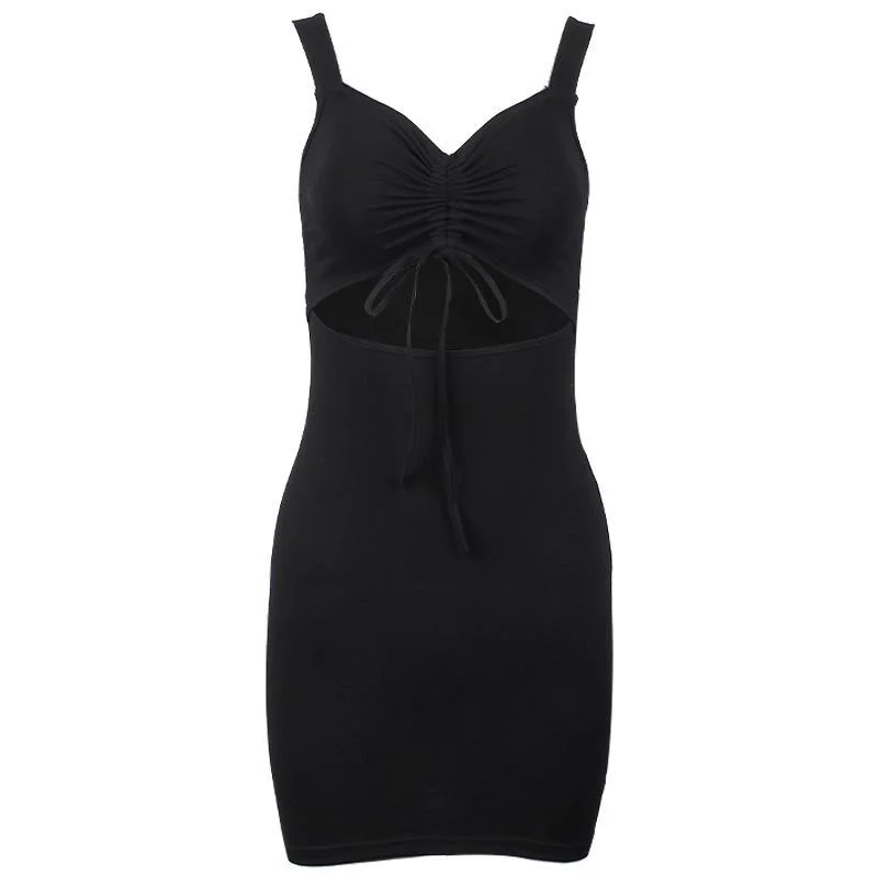 Fashion Black Women's Spaghetti Strap Slim Bodycon Mini Dress Drawstring Sleeveless Cut Out Streetwear