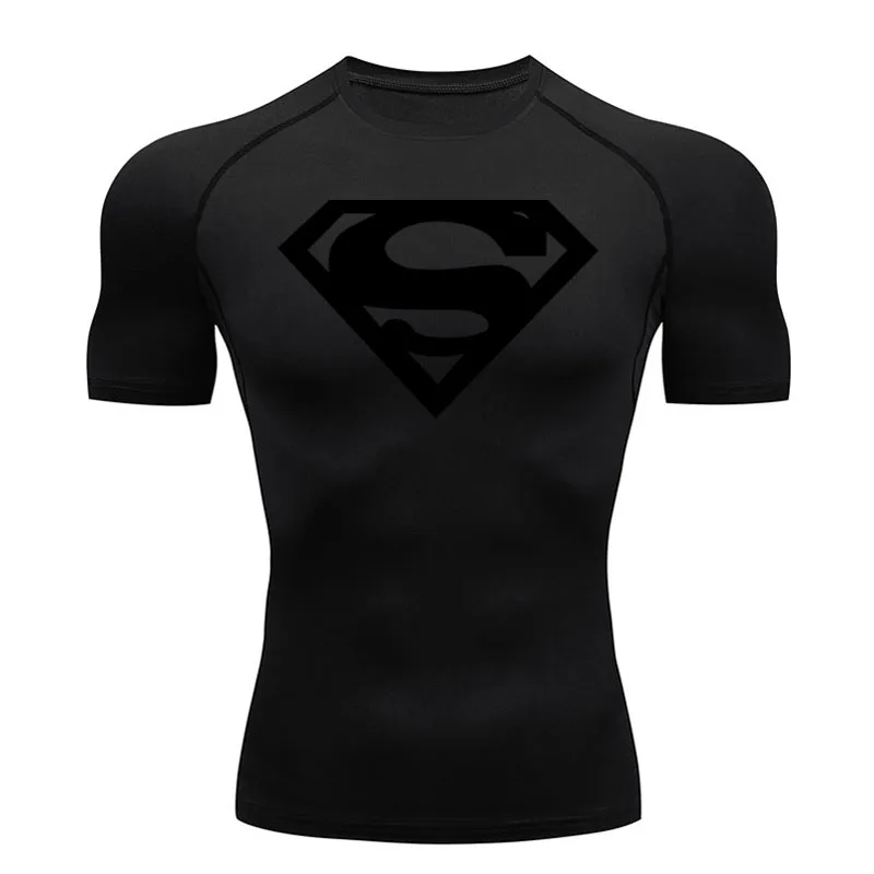 Camiseta de compresión para hombre, ropa deportiva transpirable de secado rápido para gimnasio, entrenamiento, culturismo, color negro