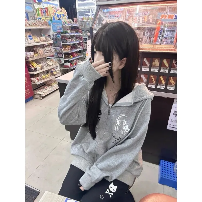 Y2k سويت شيرت بقلنسوة على شكل آذان قطة ثنائي الأبعاد بأكمام طويلة للنساء سترة بسحاب للخريف والشتاء