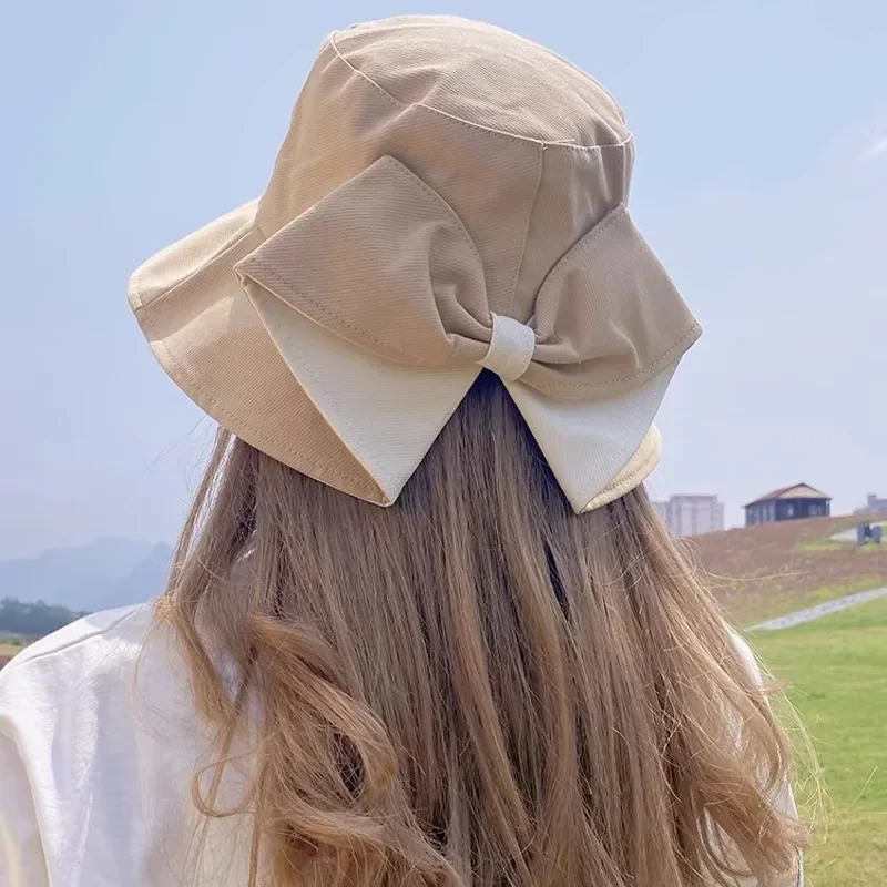 Oohmy Female Summer Travel Bow Sun Hat Wide Brim Cotton Floppy Hat All-match Beach Cap Foldable Fisherman Hat Women's Sun Hat