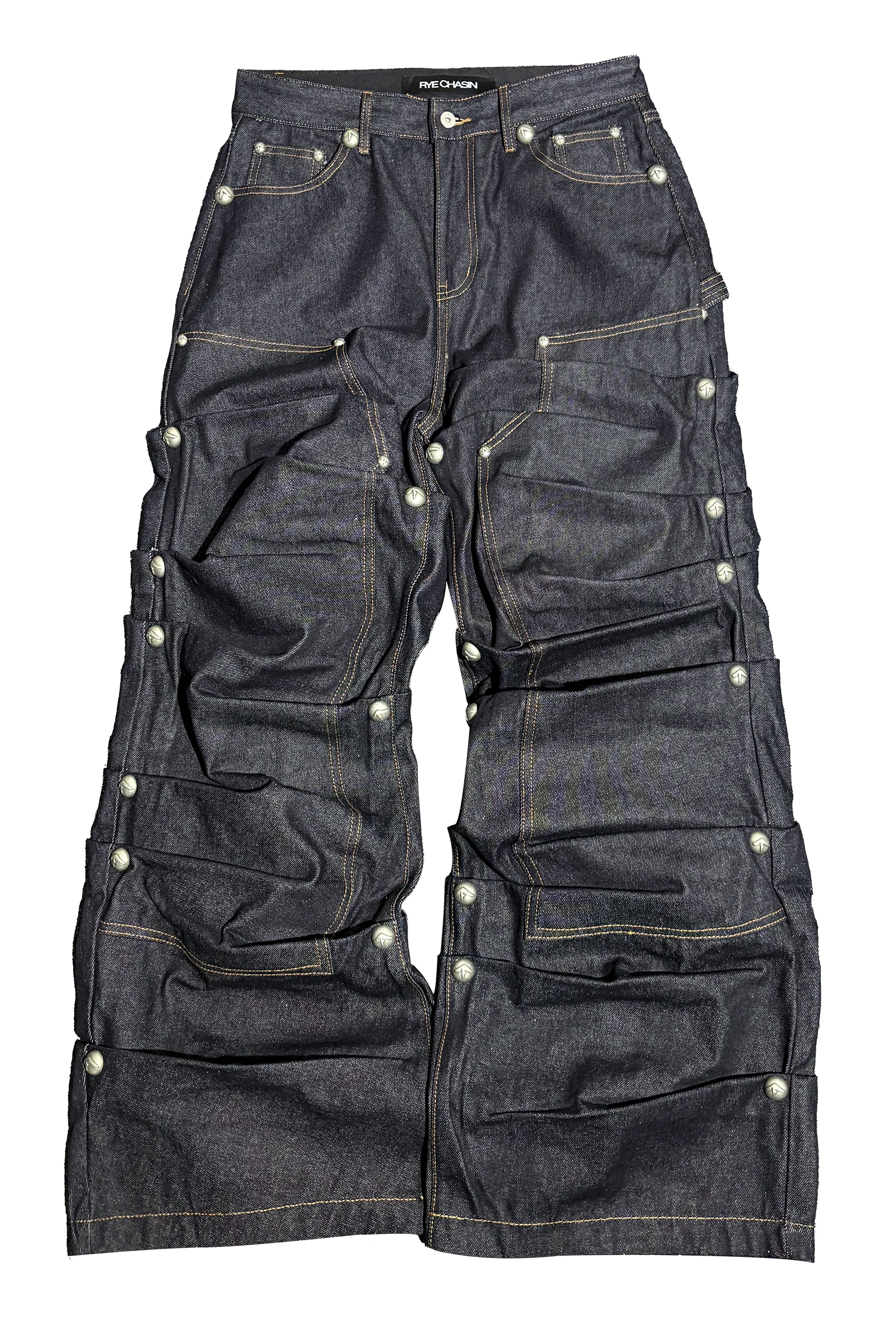 RYE CHASIN Full-Length Denim Jeans Silver Rivets Logging Crew