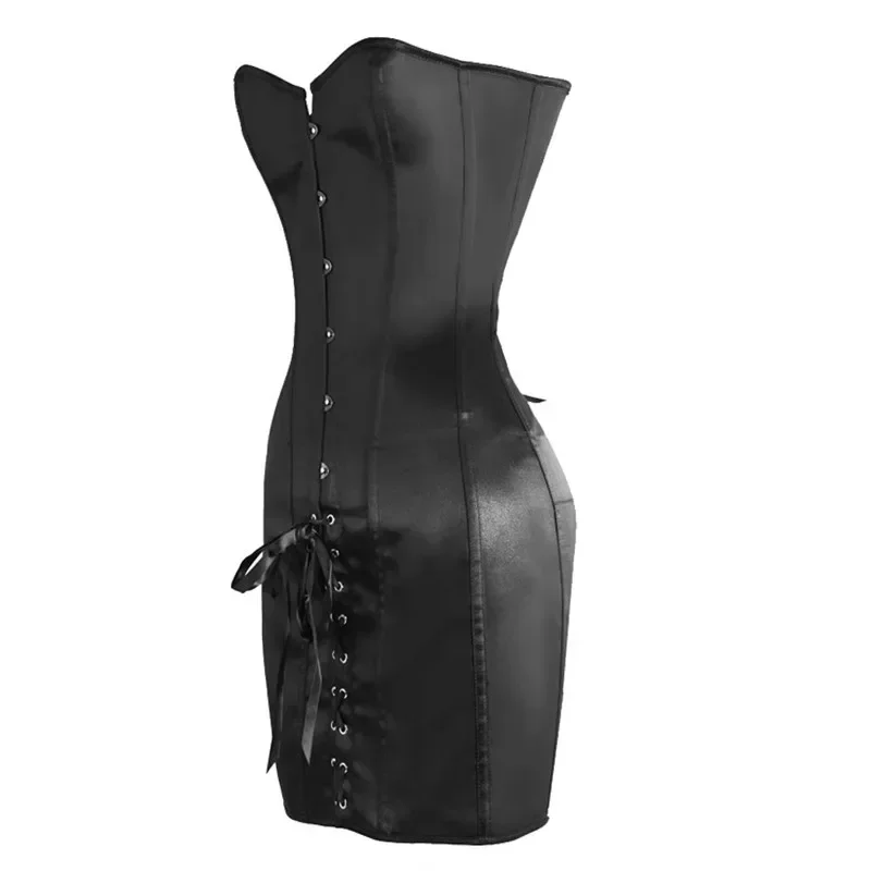 Corsets Dress for Women Sexy Overbust Bustier Top Body Shaper Long Torso Korsett Plus Size Satin Lace Up Gothic Corsetto Black