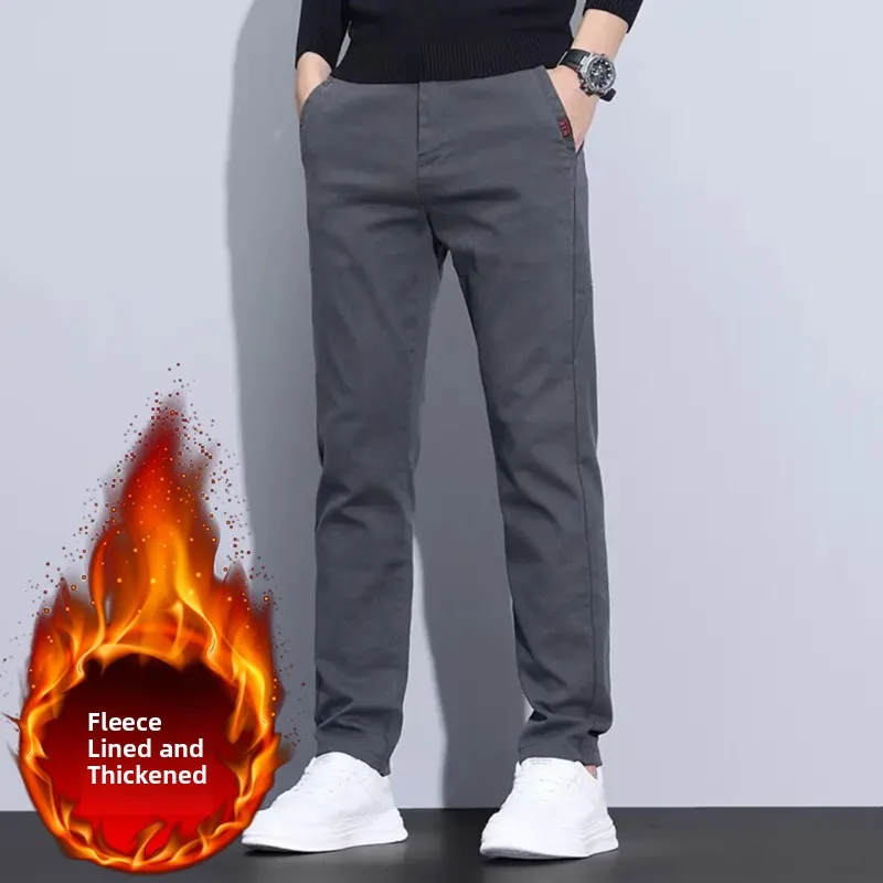 

Мужские повседневные брюки Busin для осени и зимы, на флисовой подкладке, прямые, свободного кроя, на молнии, с эластичным поясом