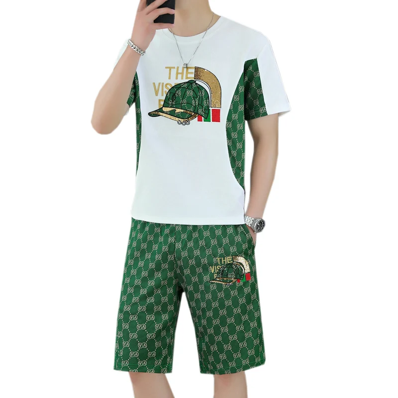 Top 5-Point Pants】Men's T-Shirt Set Summer Fashion Color Block Cotton Blend Street Fashion Sports Casual Daily Outing Breathable