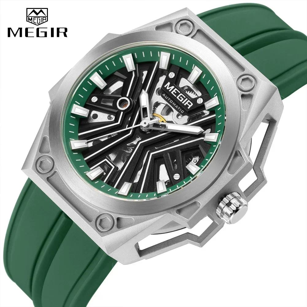 New MEGIR Watch Men Automatic Mechanical Wristwatches Men's 47mm Skeleton   Dial Automatic Watches 5ATM Wrist Watch Business Mal