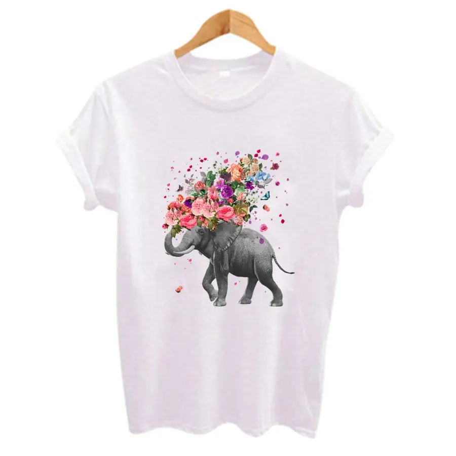 Elephant flowers Funny Printed Women T Shirt Summer New Arrival Plus Size t-shirt Fashion all-match Short Sleeve Tshirt Tops