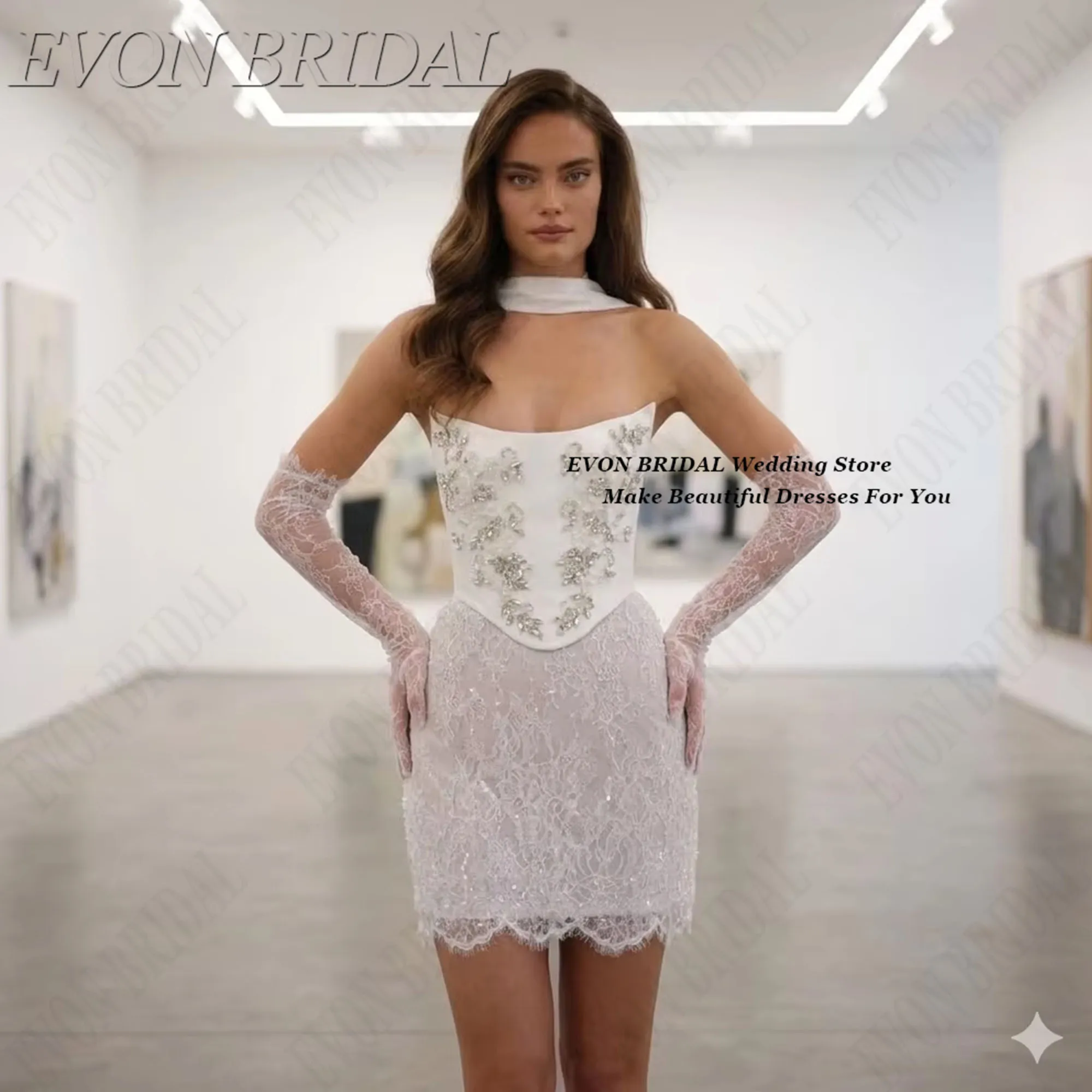 Customized Lace Short Wedding Dresses Strapless Beading Bride Gowns Lace-Up Sleeveless vestidos de novia Elegant Classic Princes