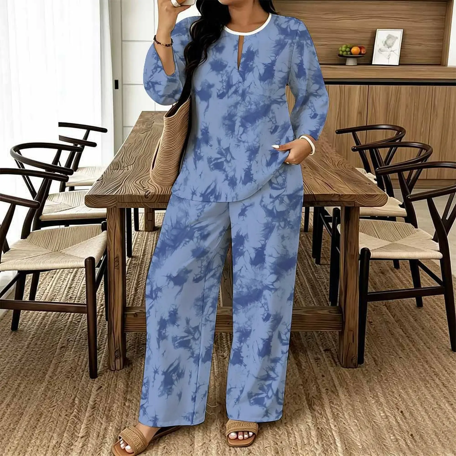 Vintage Print Two Piece Set Ladies Casual Long Sleeves Elegance Tops Everyday Street Loose Pants