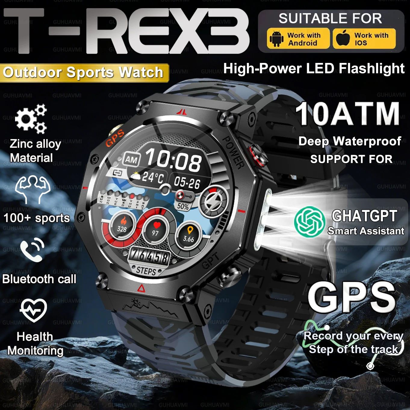 

Новые T-REX3 встроенные GPS уличные умные часы мужские фонарики компас BT вызов пульсометр 10ATM водонепроницаемые спортивные умные часы 2025