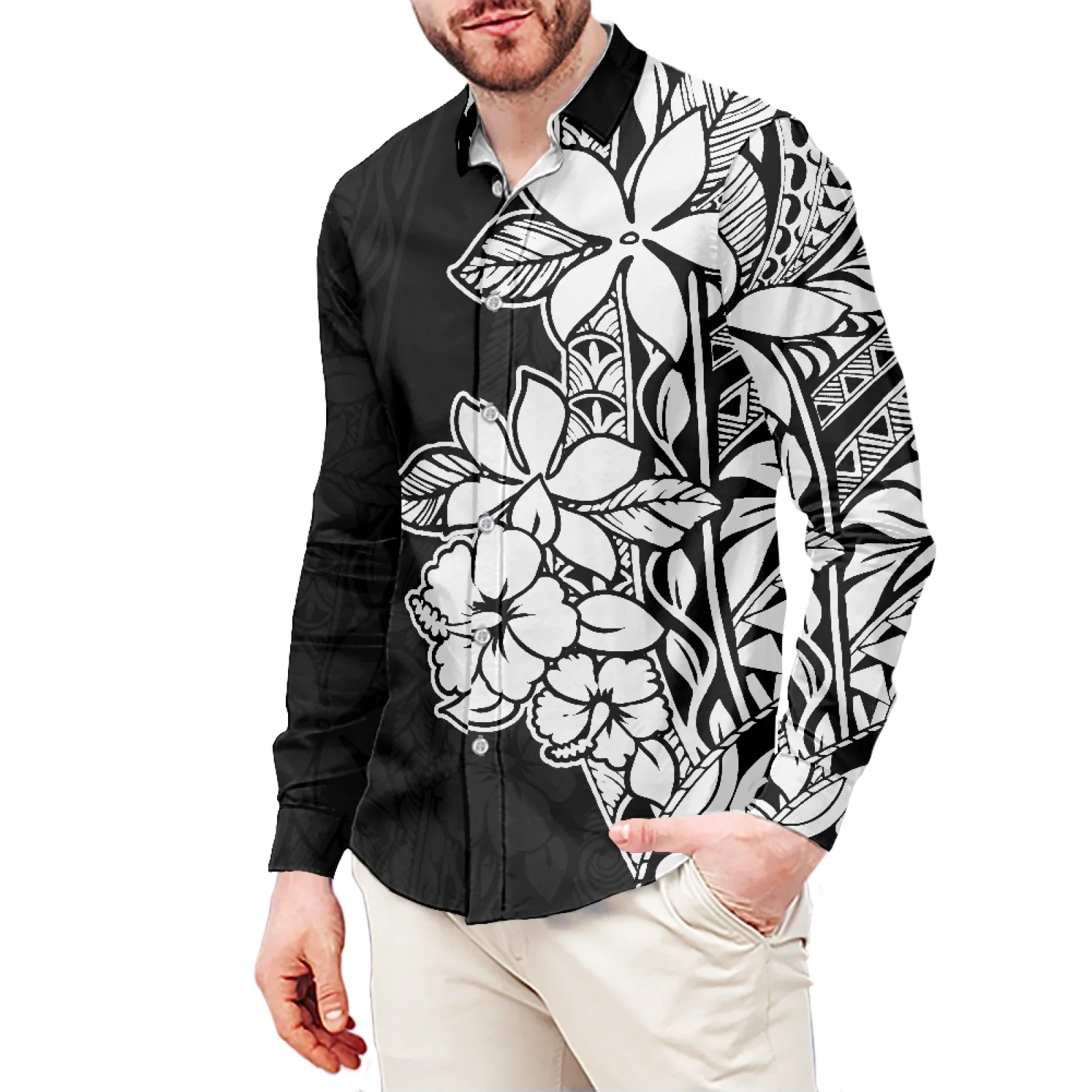 

Black Hibiscus Tattoo Print Polynesian Style Men's Shirt Stand-Up Collar Shirt 6XL Slim long Sleeve Men's Shirt Men's Clothing