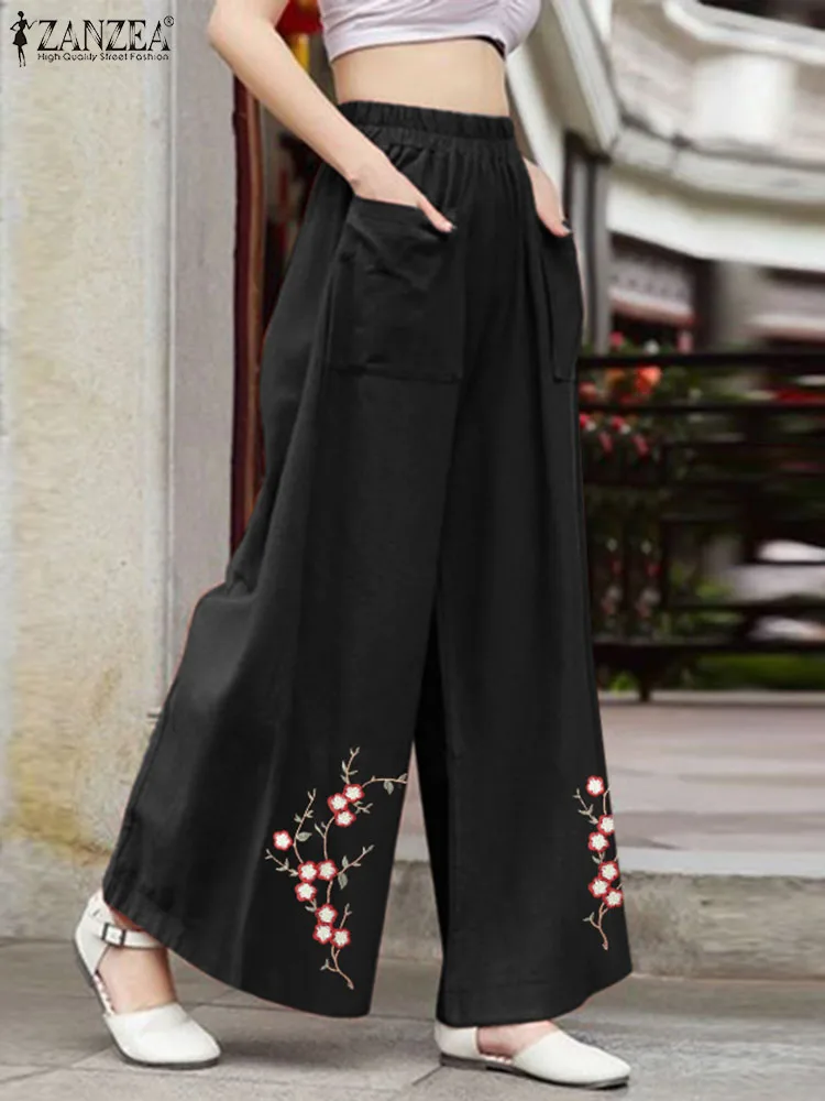 

ZANZEA Women Elastic Waist Pants Casual Loose Wide Leg Pants Vintage Flowers Embroidery Pantalon 2024 Summer Long Trousers Femme