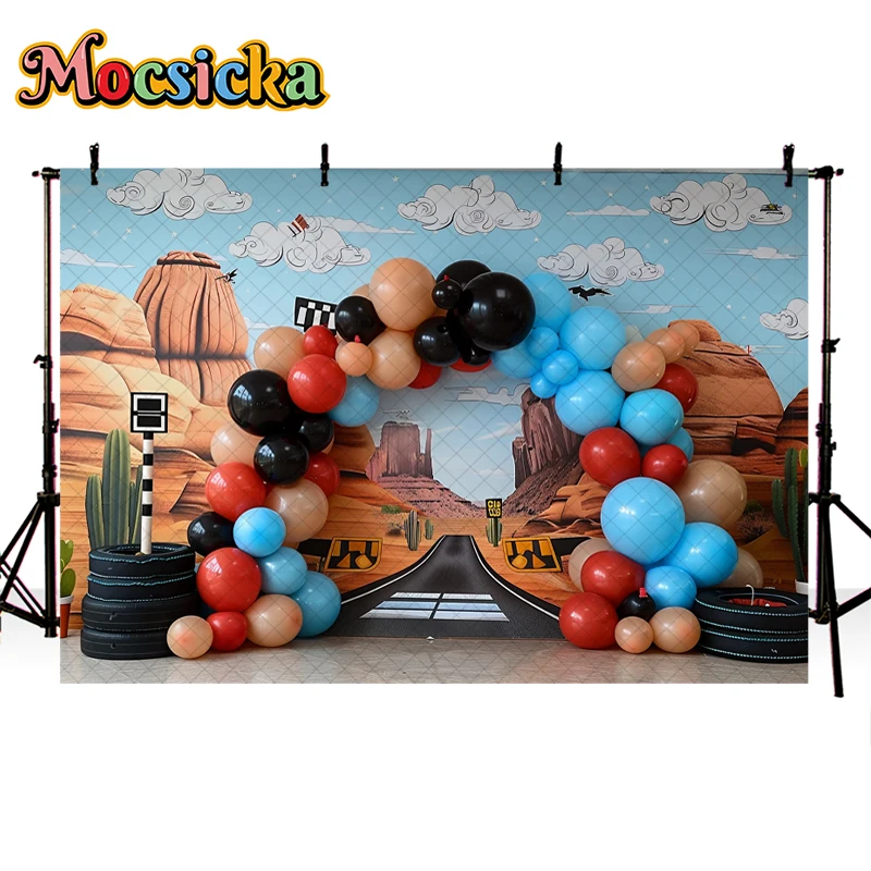 Photography Background Route 66 Race Car Balloon Decor 1st Birthday Party Boys Cake Smash Kids Portrait Backdrop Photo Studio