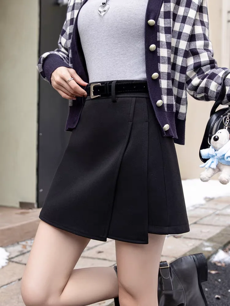 2026 Fall Winter New Women's Woolen Mini Skirts A-Line Pleated Anti-Exposure Skirt Elegant Fashion Streetwear Casual Bottoms