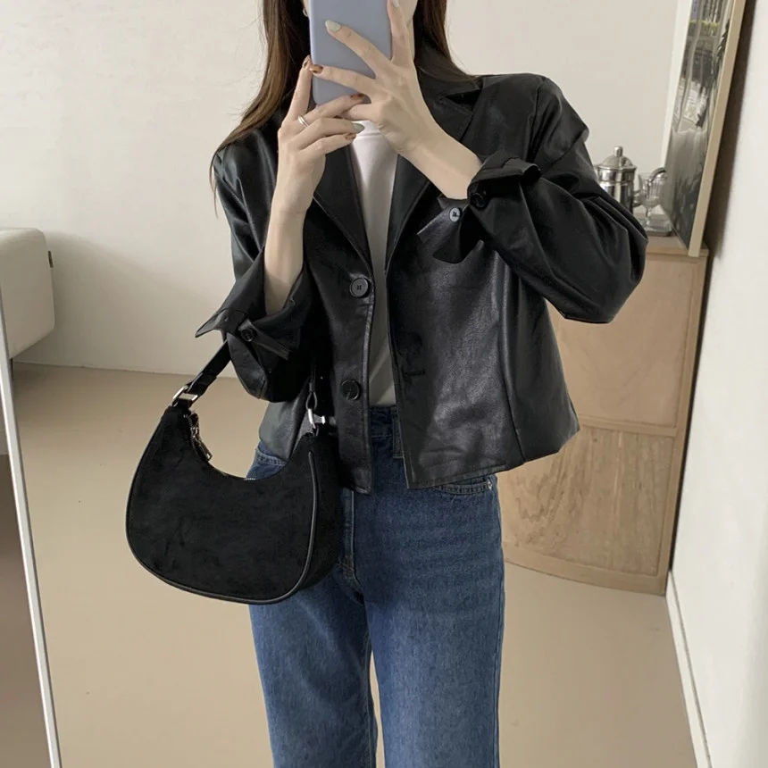 

Faionable ort Leather Jaet Women's Chic Autumn Winter American Retro Versatile Slimming Motorcycle Sle Top Trendy