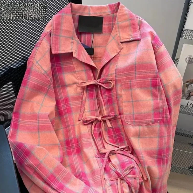 

American Retro Pink Plaid Shirt for Women Spring Autumn Thin Lace Up Blusas Mujer Y2k Long Sleeve Loose Blouses