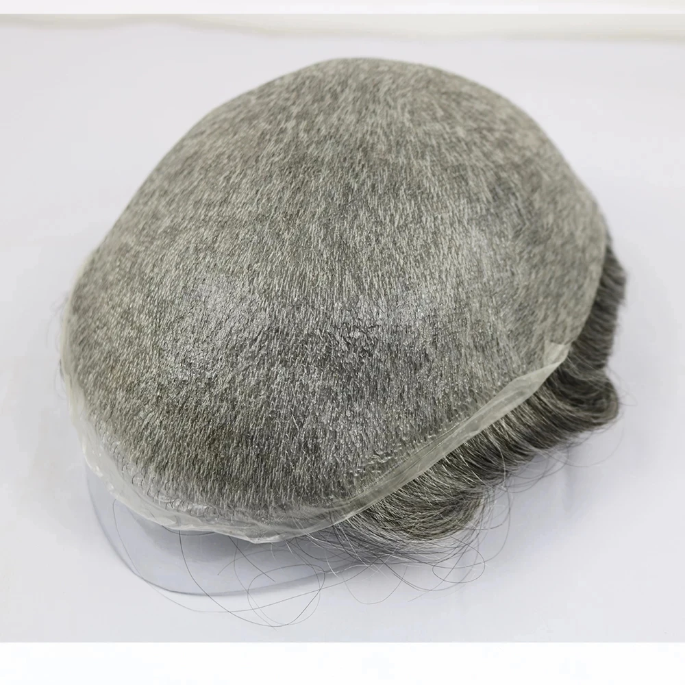 Natural Hairline Super Thin Skin 0.02mm Silicon Men Toupee Grey 100% Human HairPieces Male Wig Replacements System Prosthesis