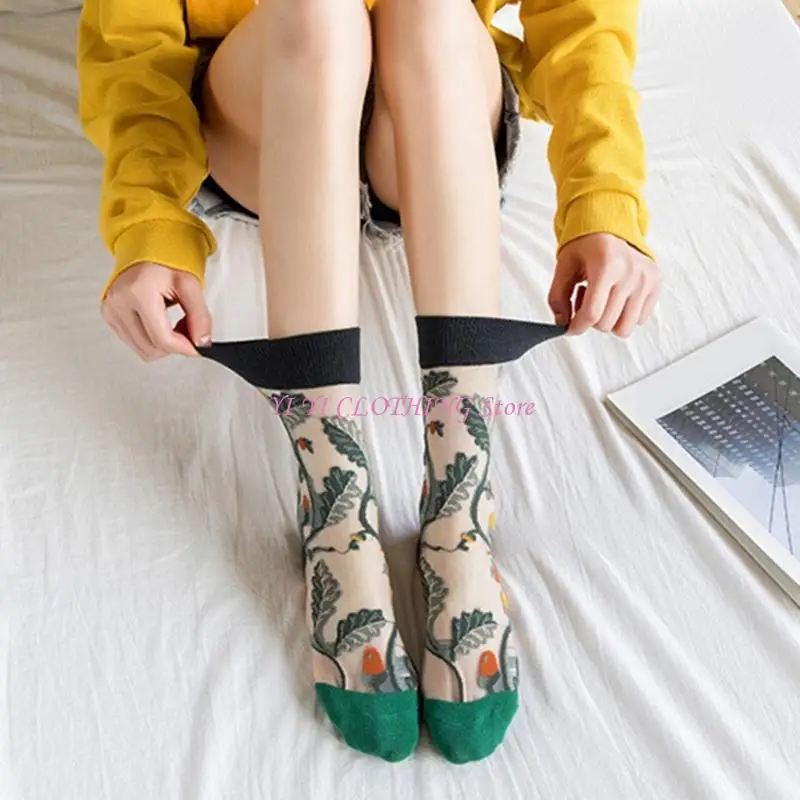 N5KF جوارب الأزهار المرنة للنساء متوسطة الطول تصميم خفيف الوزن انظر من خلال الجوارب #5