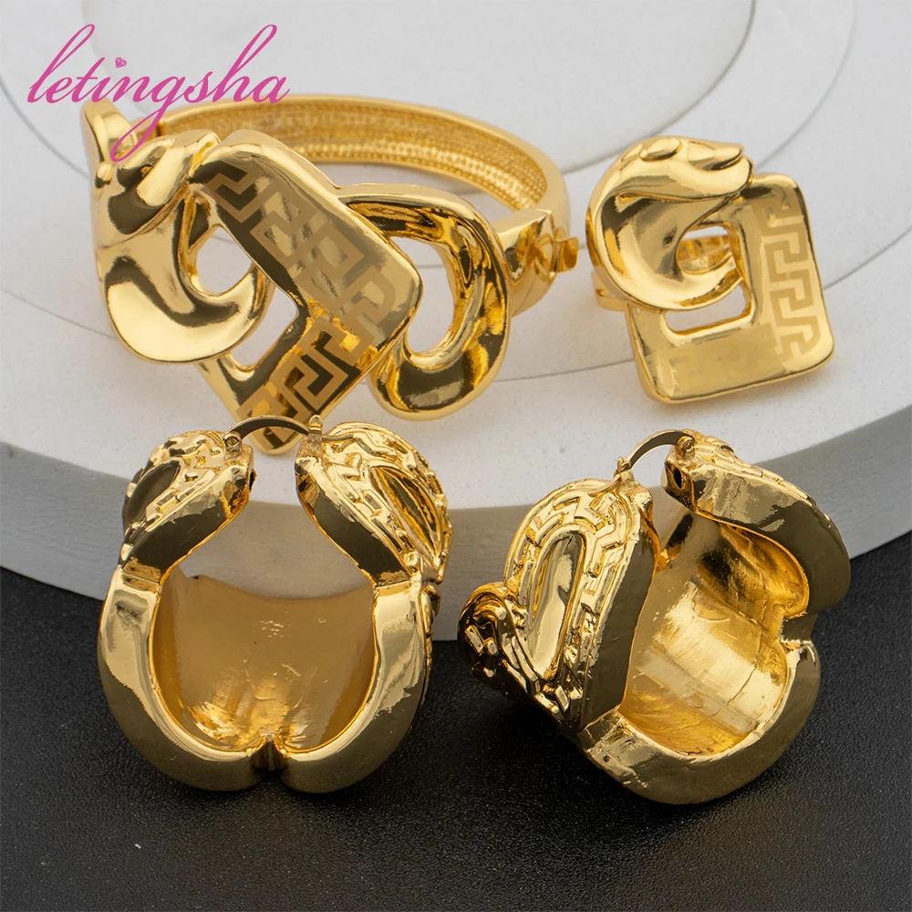 Fashion Round Bangle with Ring Dubai Hoop Earrings for Women African Gold Color Jewelry  Set Wedding Party Gift Accessories