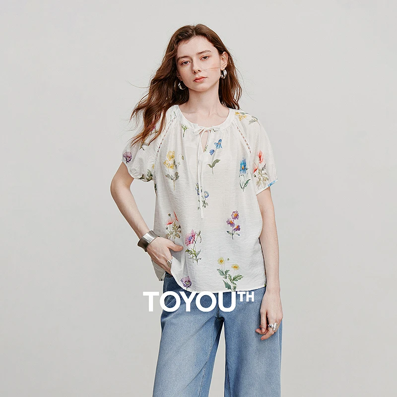 

TOYOUTH Women Blouse Shirt 2025 Summer New Green Velvet Round Neck Floral Printed Vacation Casual Shirt 8522046