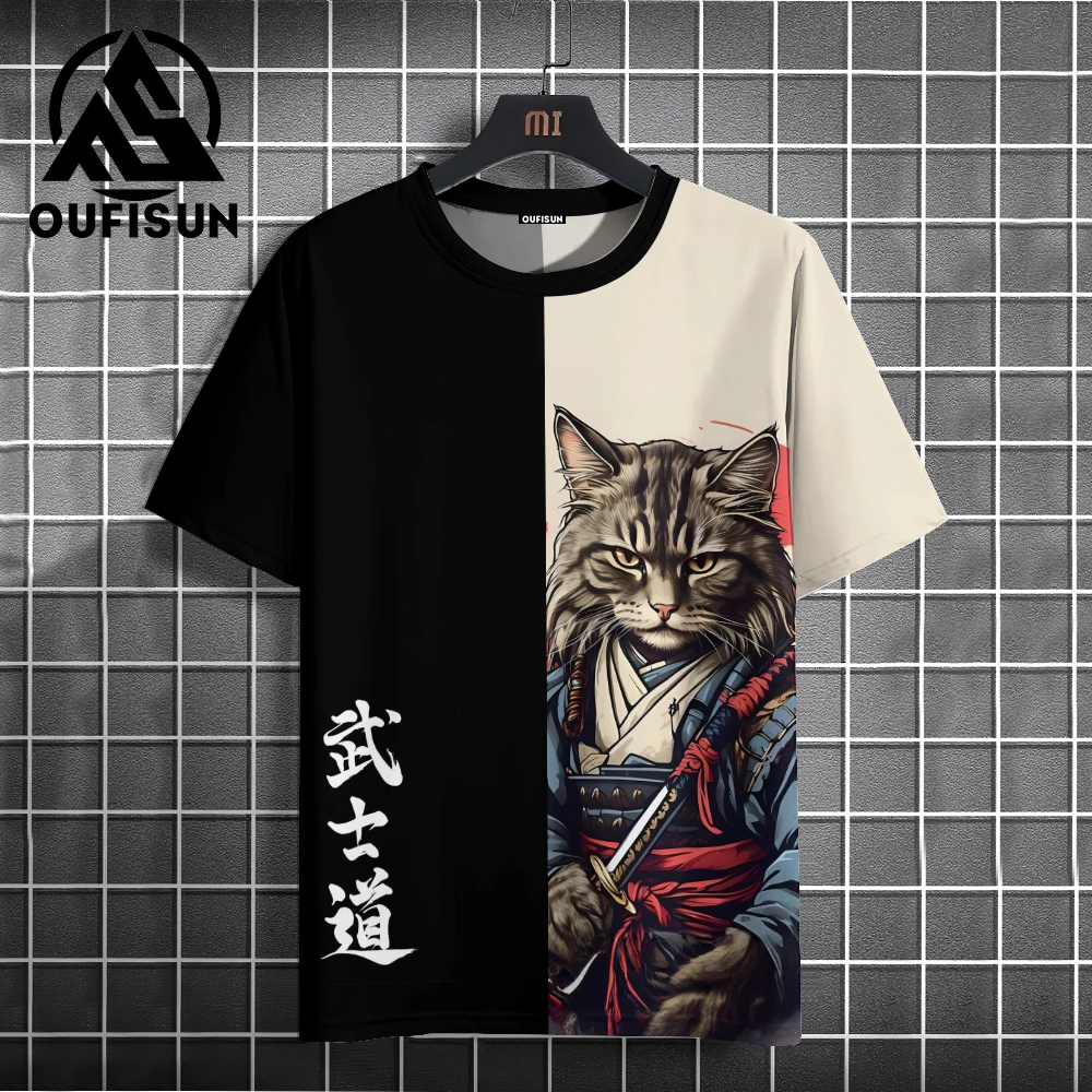 Japanese Anime Samurai Cat T-Shirt For Men 3d Animal Print Short Sleeve Tops Tees Casual T-Shirt Oversized Shirt Men Clothing