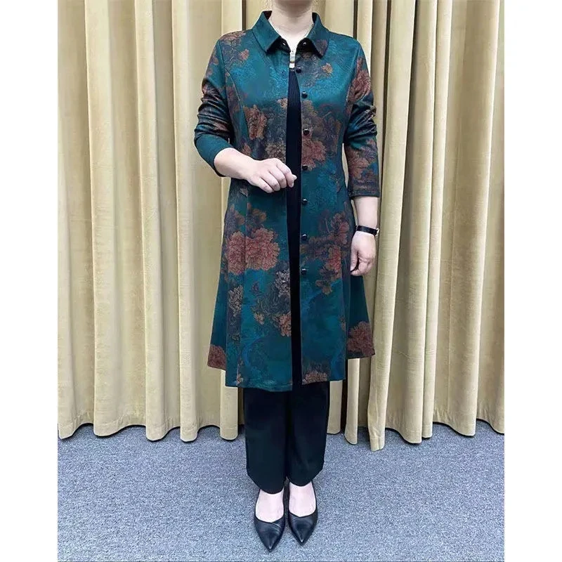 Mother's Windbreaker Print Coat 2022 Spring And Autumn Long-Sleeved Print Middle-Aged And elderly Women's Trench Coat  L-5XL