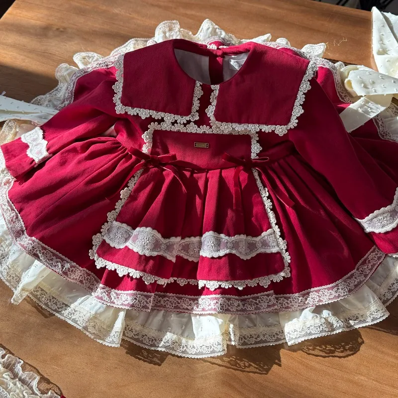 Red Autumn Winter Children's Boutique Quality Lolita Princess Dress for Flower Girls Birthday New Year One Year Wedding Dress