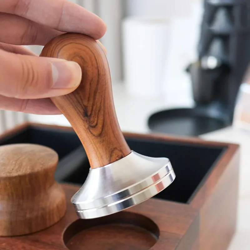 51mm 53mm 58mm Coffee Tamper Solid Wood Handle Stainless Steel Thread Base Coffee Tamper Espresso Tools Cafe Barista Accessories