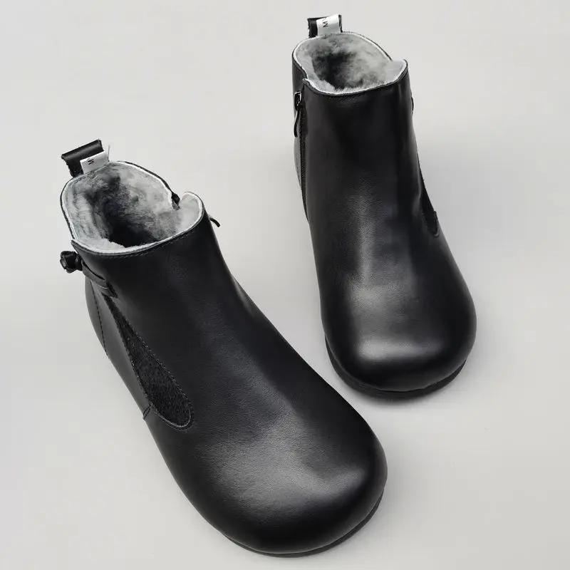 

Sheepskin fur women's short boots genuine leather natural wool wide toe cowhide snow cotton shoes winter big noses boots