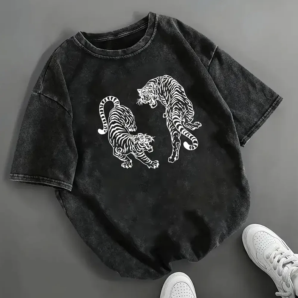 

Women's Washed White Tiger Graphic Print Design T-Shirt Casual Summer Streetwear Short Sleeve Daily Wear Unisex Tee Tops