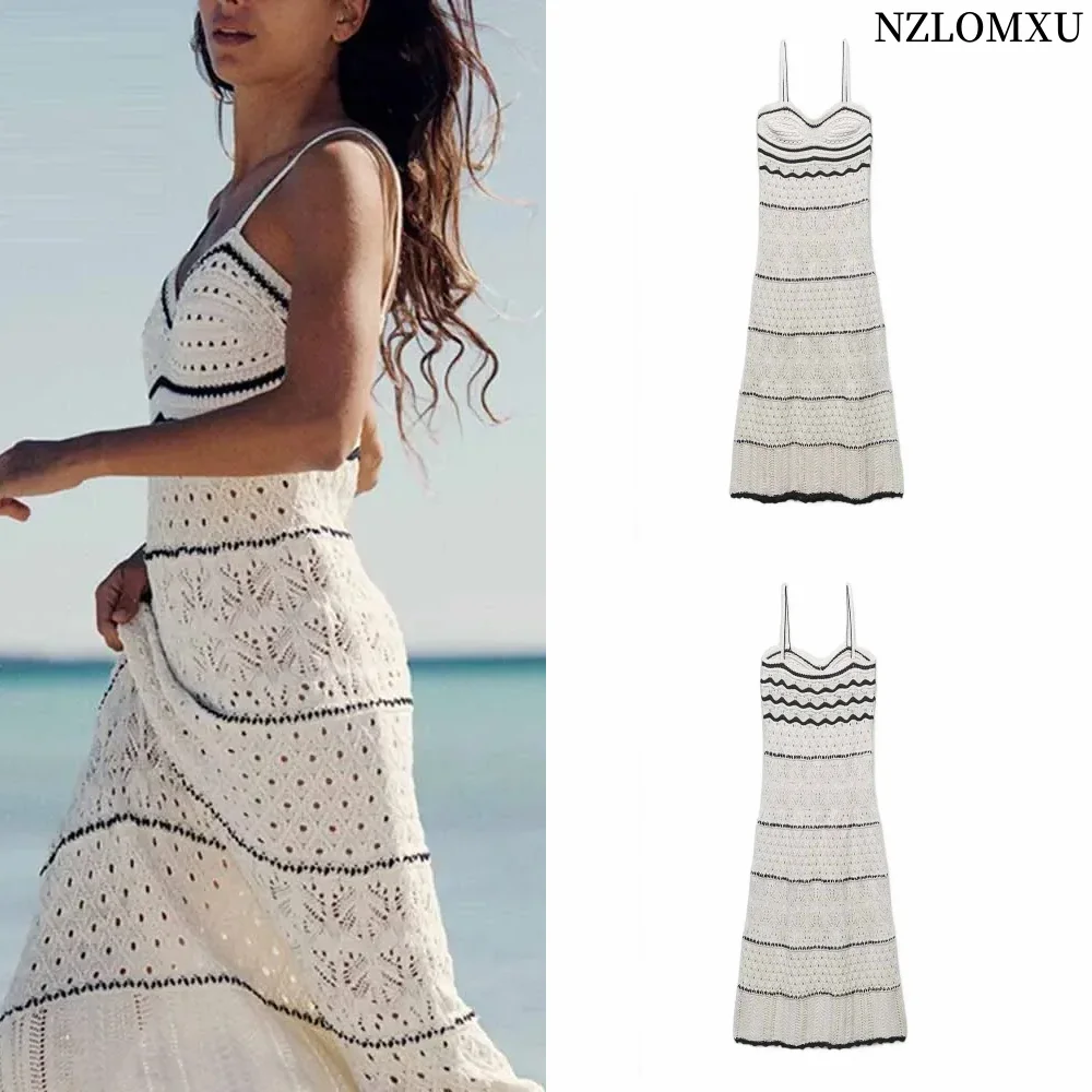 

Women's Beach Style Crochet Hollow Slim Sling Sweater Long Dress Fashion Elegant Sleeveless Spaghetti Strap Sexy Dresses