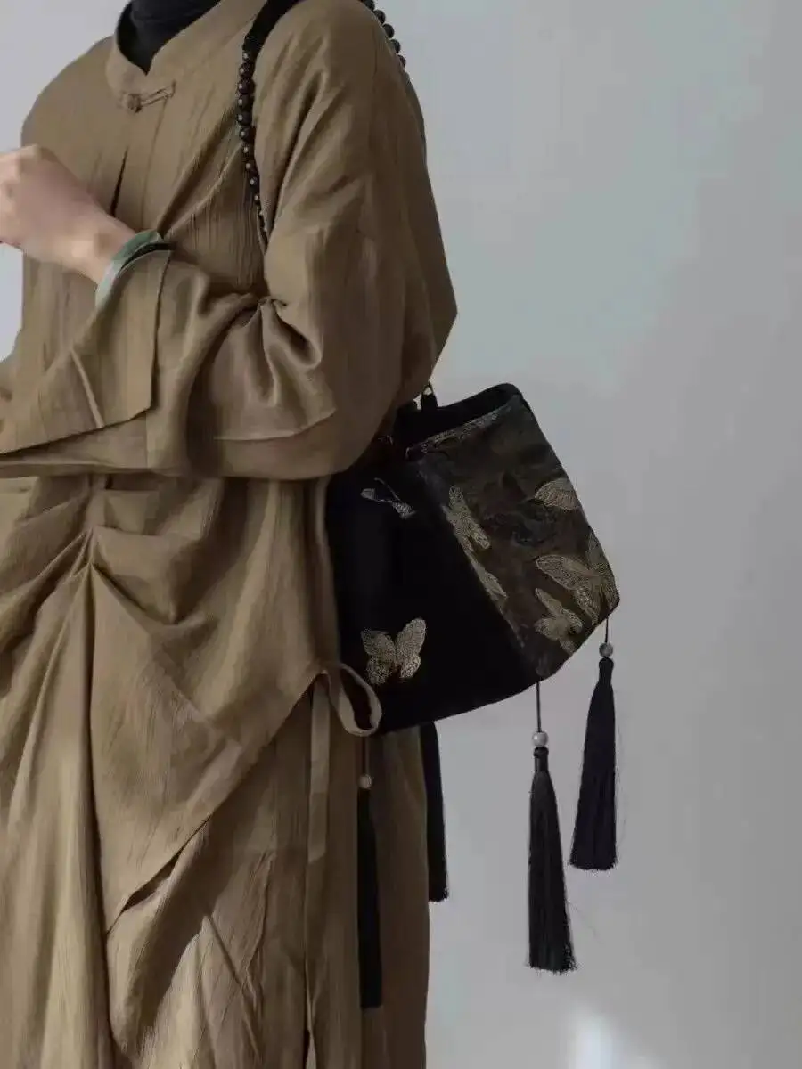 Bloom Chinese Style Black Bucket Women Butterfly Embroidery Casual Messenger Bag Female Fairycore Aesthetic Handbag Chic