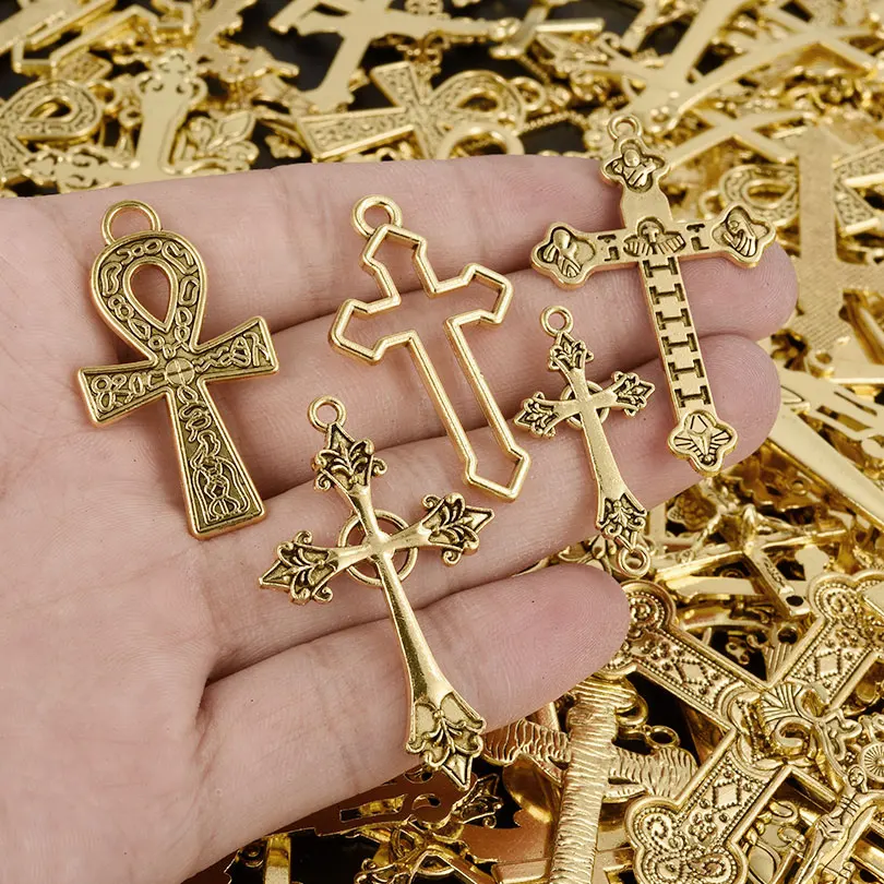 10/50/100pcs Random Mixed Cross Pendants Charms Christ Religious Alloy Gold Color Charms DIY Jewelry Making for Necklace Earring