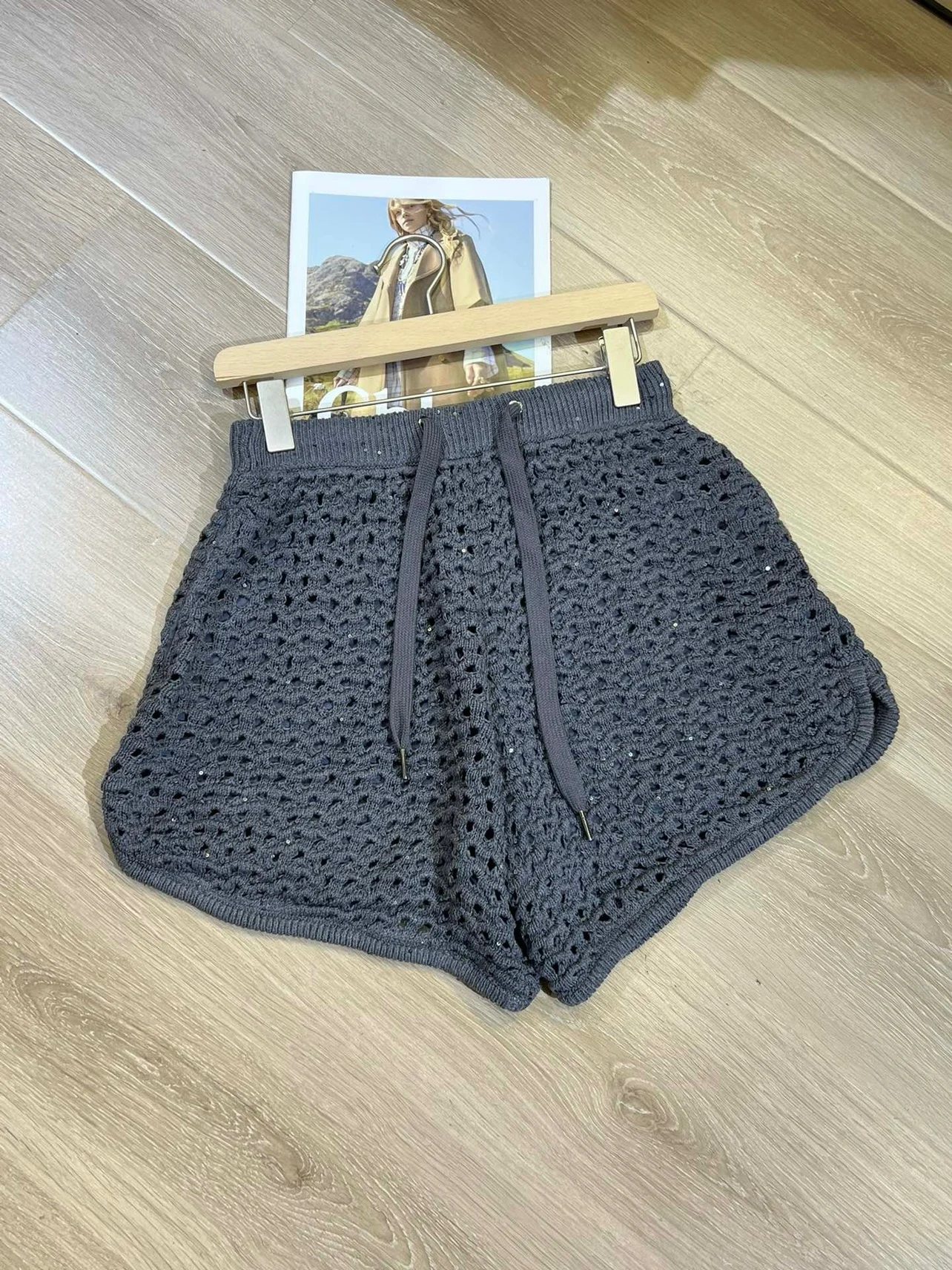 B*C Women Shorts Suit Hollow Knitted Cardigan + Elastic High Waist Straight Shorts 2 Piece Set