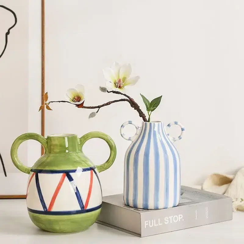 Dual Handles Ceramic Vase Modern Bohemian Home Decor Hand-Painted Vases for Flowers Living Room Decoration Weddings Parties