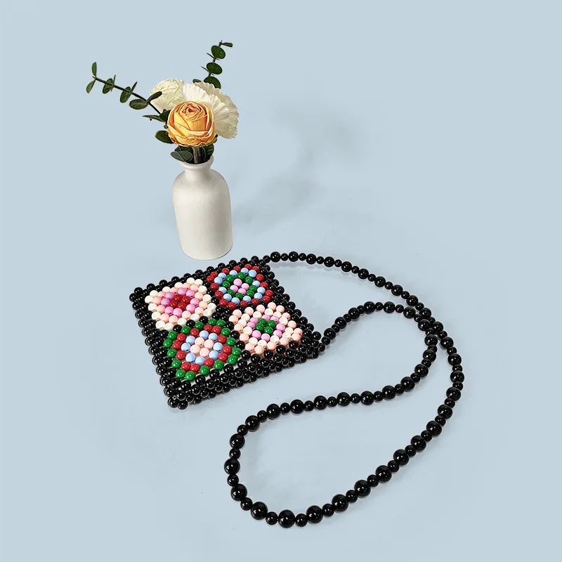 New autumn and winter handmade woven bead bag with flower print, cute mobile phone diagonal cross small square bag, women's bag