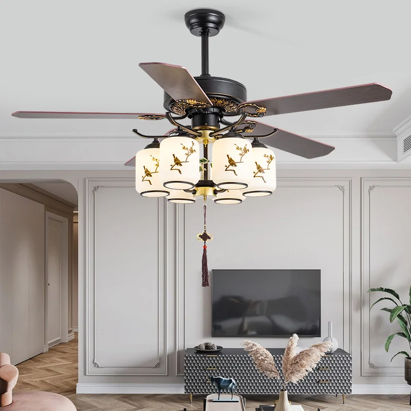 

Chinese Style Ceiling Fans With Light Wood Blades DC Motor Reversible Remote Control Ceiling Light With Fans Chandeliers 220V