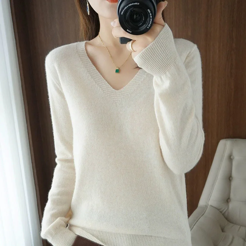 

Basic V-Neck Knitted Sweater Women Solid Casual Long Sleeve Soft Warm Pullover Sweaters Autumn Winter Bottoming Cashmere Jumpers