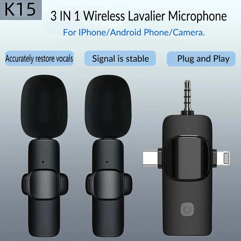 K15 3 في 1 ميكروفون صغير لاسلكي احترافي لهاتف iPhone iPad Android بث مباشر لتسجيل الألعاب ومقابلة مدونة فيديو