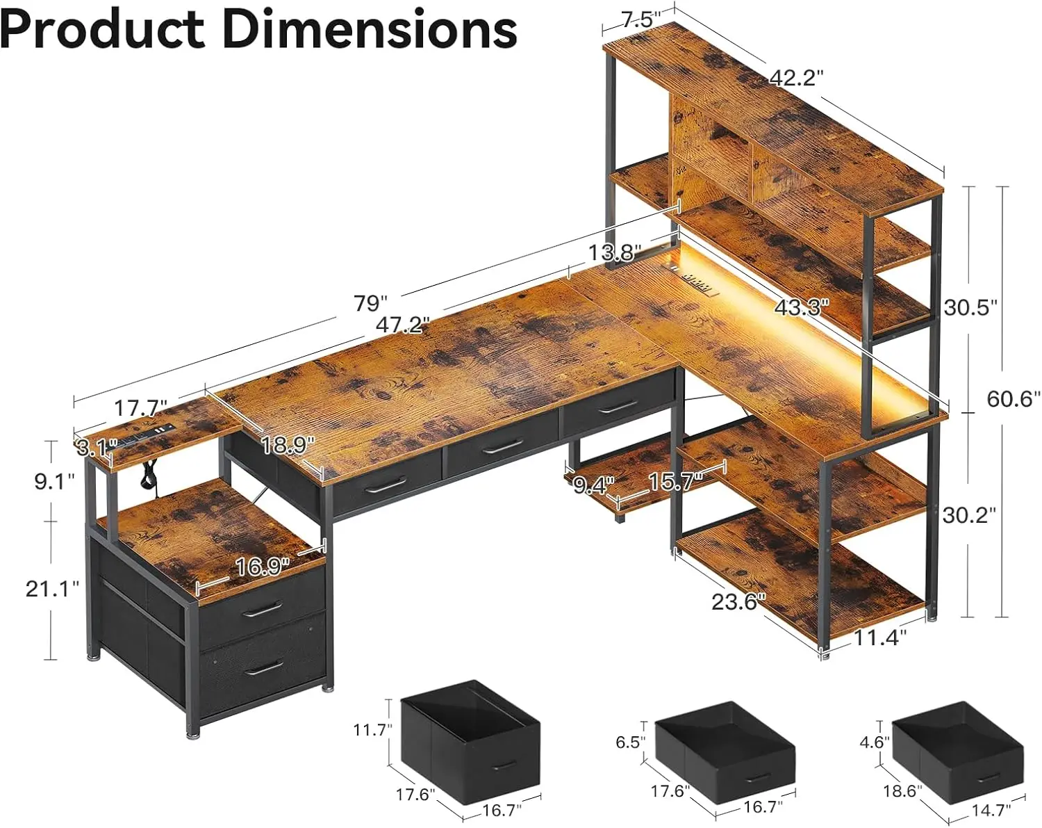 AODK Escritorio en forma de L de 79 pulgadas con cajones para archivos, escritorio para juegos Reversible en forma de L con tomas de corriente y luces LED, escritorio para computadora con ingenio