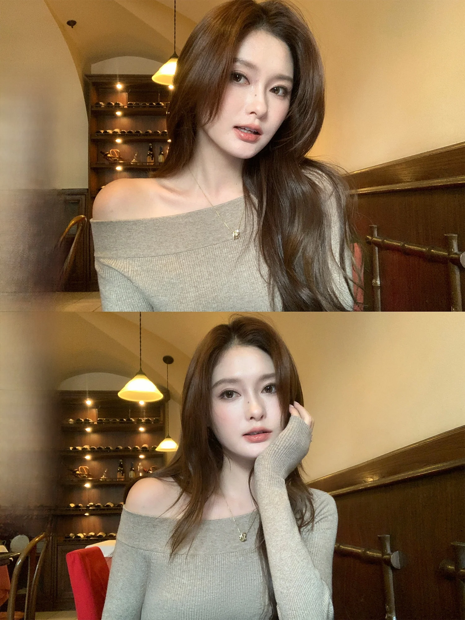 Pusumede Casual Style Knitted Long Sleeve Shoulder Bared Women's Inner Wear Lightweight Mature Design Sensation Top