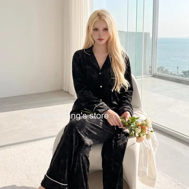 Elegant Print Pearl Trim Set Luxury Wearable Outside Warm Homewear Sleepwear Women Autumn Winter Island Velvet Pajamas