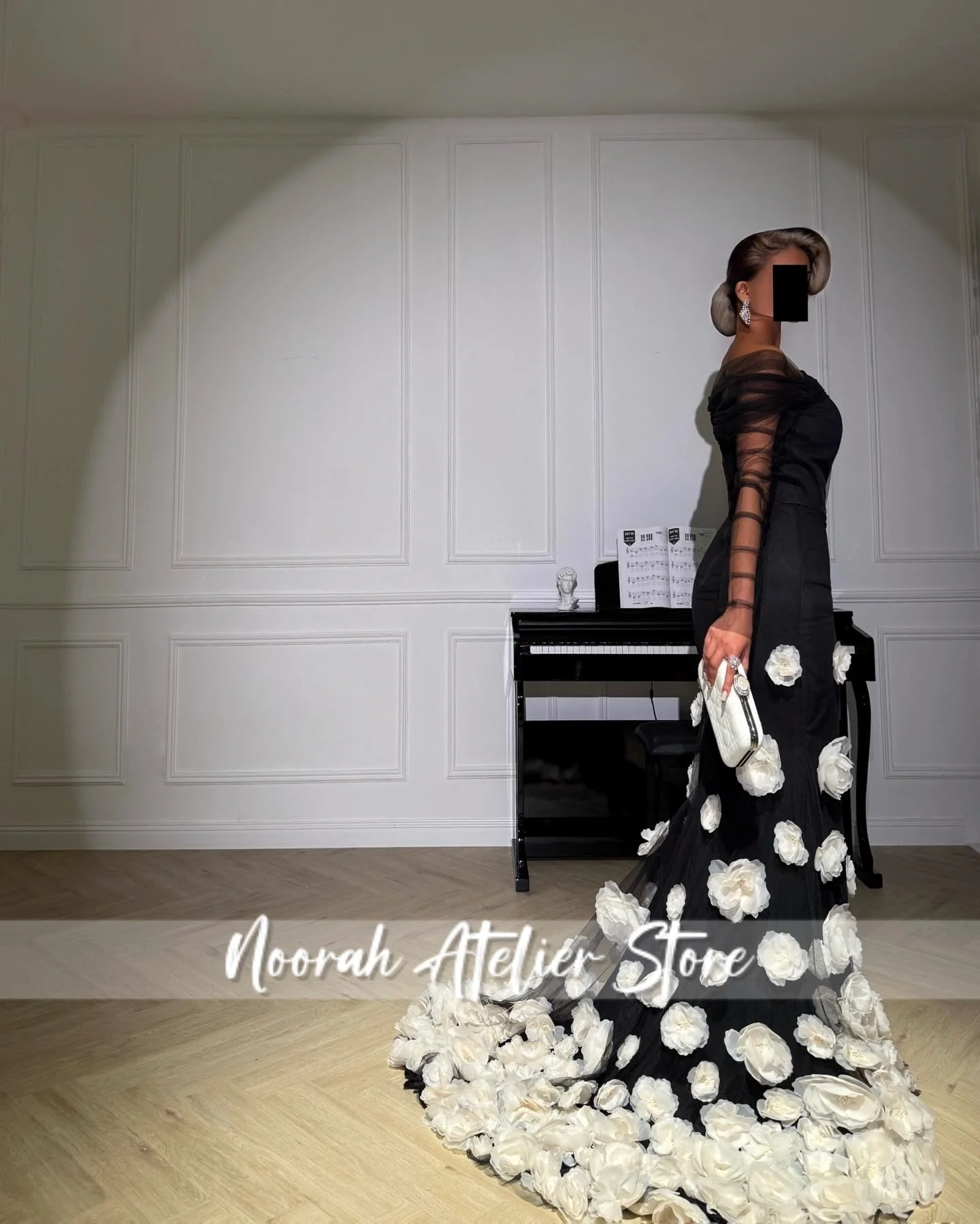 Elegant Black Mermaid สีขาว 3D ดอกไม้หรูหราแขนชุดราตรีสตรี 2025 ชุดแต่งงานซาอุดีอาระเบียยาวที่กําหนดเอง