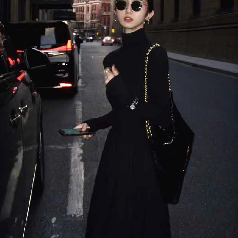 Autumn Hepburn Style Women Dress High Waist Elegant Black Midi Dress Fashion Korean Half High Collar Long Sleeve A Line Dress